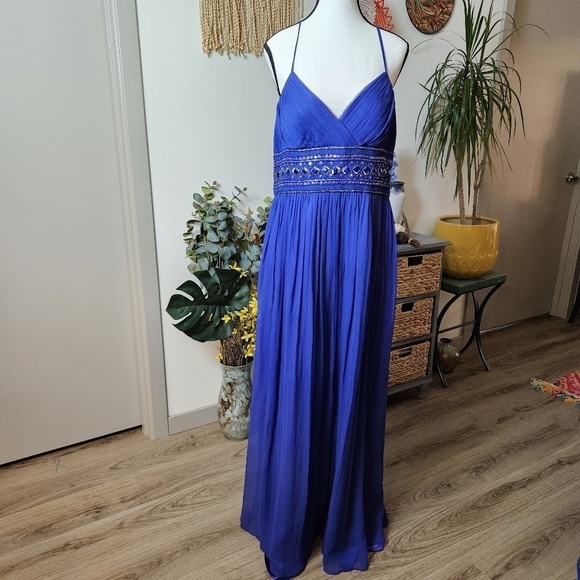 Adrianna Papell Evening Silk Beaded Gown Size 14 Royal blue Party Wedding Formal - Picture 1 of 9